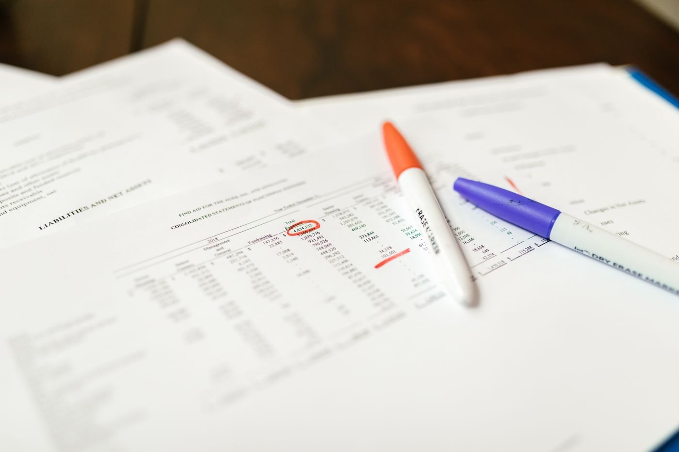 Pens resting on a printed financial document
