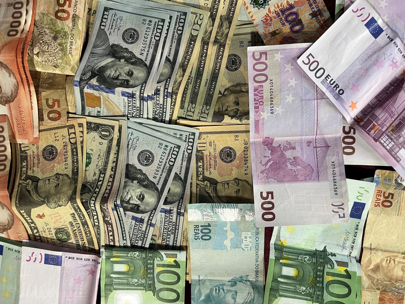 A collection of international banknotes