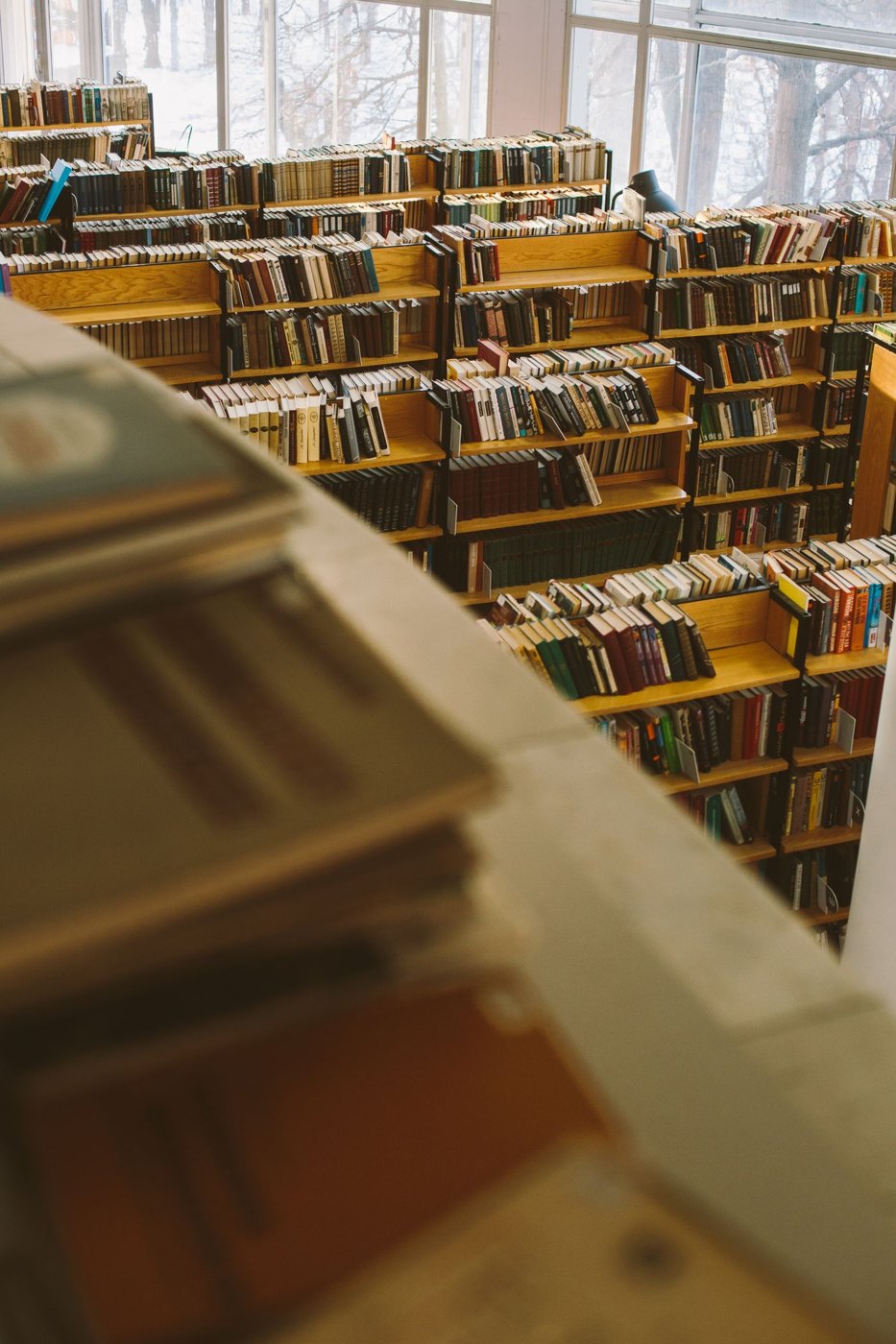 Books arranged on library shelves